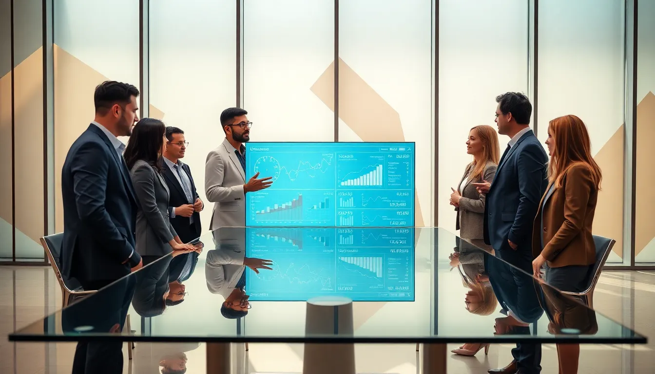 diverse team discussing data in a modern office setting.